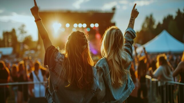 Two women enjoying a concert at a music festival. Back view