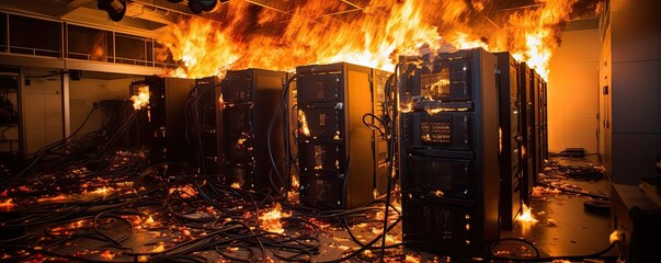 A blazing inferno engulfs the server room, consuming cutting-edge supercomputer technology in a devastating fire.