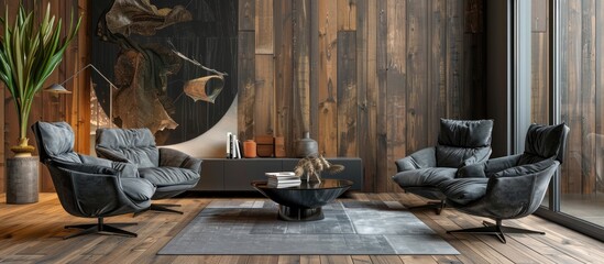 Stylish living room with wooden walls and floor, gray armchairs near coffee table and mock up poster.