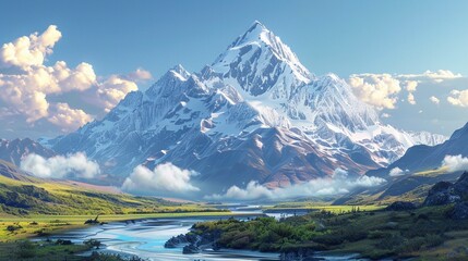 A majestic snow-capped mountain towering above a tranquil alpine valley, with a winding river flowing through the pristine landscape.