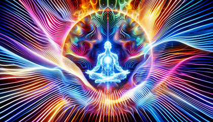 abstract image of a person in a state of bliss, surrounded by waves of light and energy patterns that represent high vibration