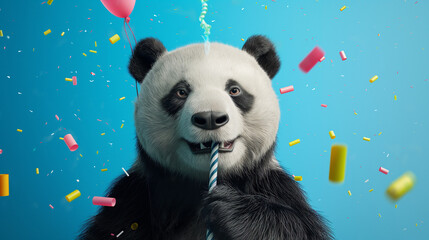 Pandabär 3d comic macht Party Vorlage isoliert einfarbiger Hintergrund Karte Generative AI