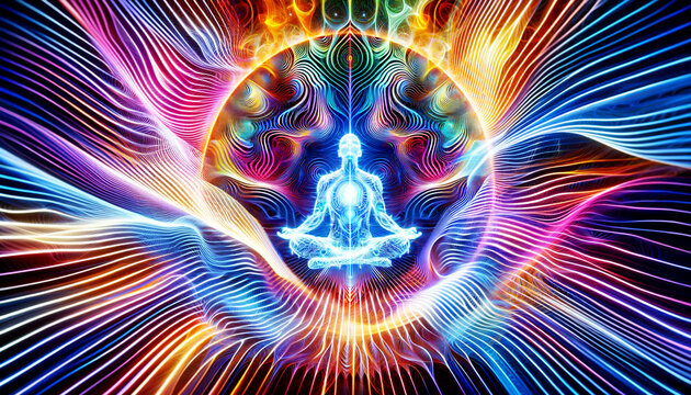 abstract image of a person in a state of bliss, surrounded by waves of light and energy patterns that represent high vibration