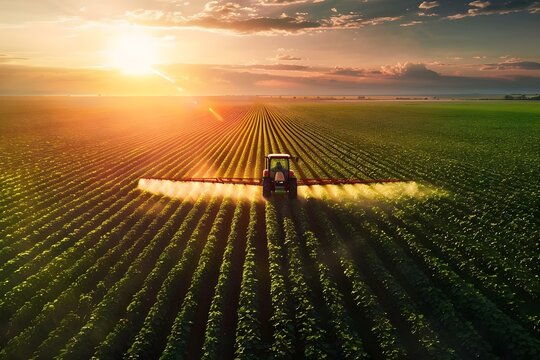 Aerial view of tractor spraying pesticides on a green soybean field at sunset showcasing modern agriculture. Concept Agricultural Technology, Modern Farming Methods, Sustainable Agriculture