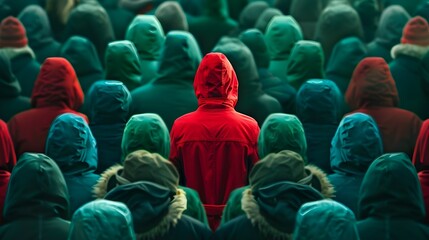 Solitary Red Figure Amidst Crowd in Green Symbolizing Individuality and Nonconformity