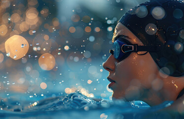 Candid photo of a female swimmer in a freestyle swimming position, side view, wearing a black cap and goggles, closeup shot on a blue water background with splashes - obrazy, fototapety, plakaty