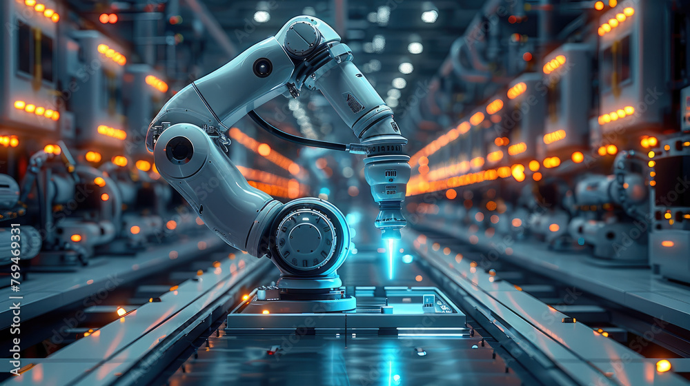 Aufkleber futuristic manufacturing factory with smart advanced robotic arm glowing blue neon light surrounded.
