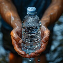 Hydration Habits: Close-up of hands holding a water bottle with refreshing water droplets, promoting hydration.