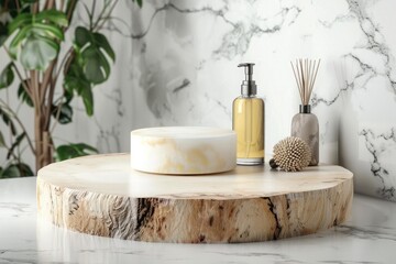 Cosmetic products on white marble pedestal in bathroom
