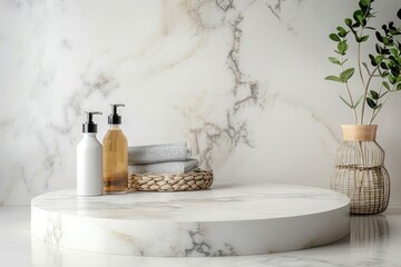 Obraz na płótnie Canvas Cosmetic products on white marble pedestal in bathroom