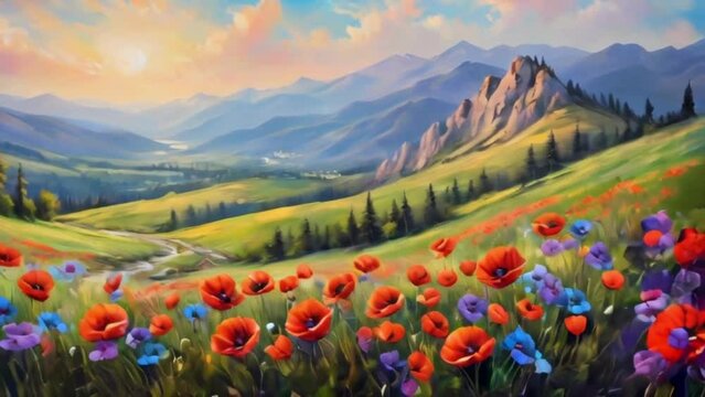 landscape with flowers and mountains 4k motion background