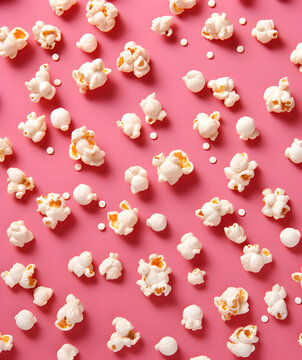 Popcorn on a pink background, view from above, cinema movie time, corn food snack