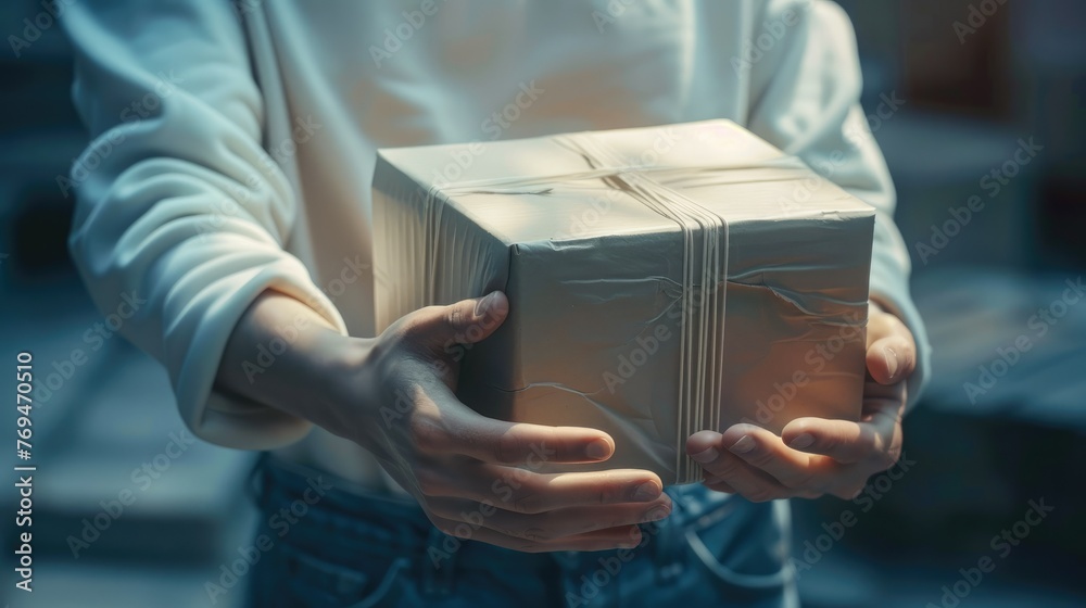 Poster Focusing on a rectangular package cradled at an angle in the hands of a delivery worker. Generative AI.