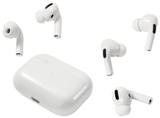 Set of camera angles with white compact wireless headphones and a charging box  isolated on a transparent background.