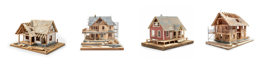 Set of  miniature house under construction on a wooden board on transparency background PNG