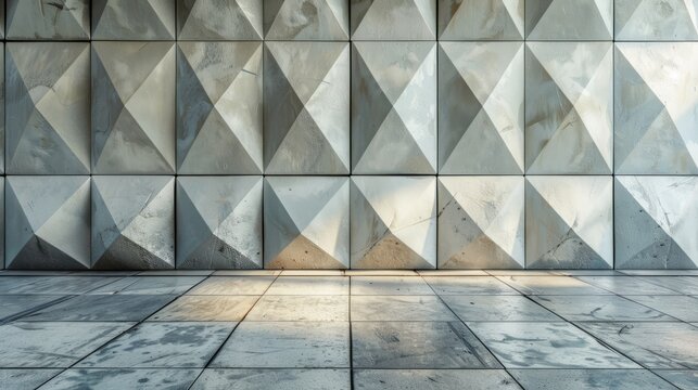 A wall adorned with a radiating triangular cement tile starburst pattern, background, wallpaper, empty room