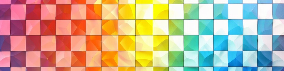A vibrant multicolored backdrop featuring a diagonal pattern in a rainbow gradient checkered design, background, wallpaper, banner