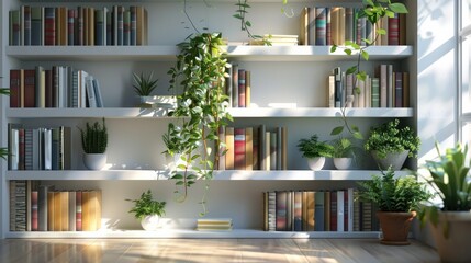 Shelves is filled with books with simple modern decoration and display. Generative AI.