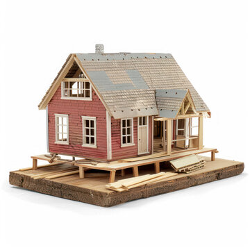 A miniature house under construction on a wooden board apartment, 3d icon, professional render on transparency background PNG
