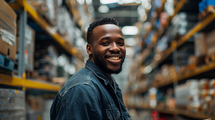 In hardware warehouse, a man smiles and looking at camera, blur effect in the background