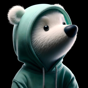 A cartoon white bear in a mint green hoodie with the hood pulled over its head, obscuring its eyes, posed sideways with a curious tilt