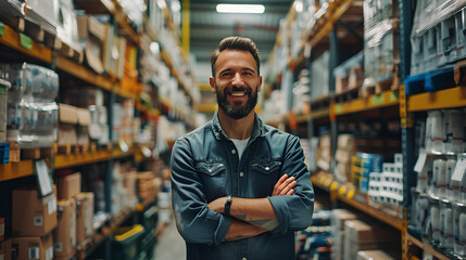 In hardware warehouse, a salesman stands amidst towering shelves. he smiles and looking at camera, blur effect in the background