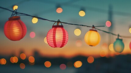 Colorful lanterns hanging from a wire against a backdrop of the sky