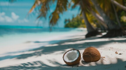 Halved coconut on white sandy beach with palm tree background