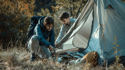 campers pitch a tent