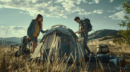 Obraz premium campers pitch a tent