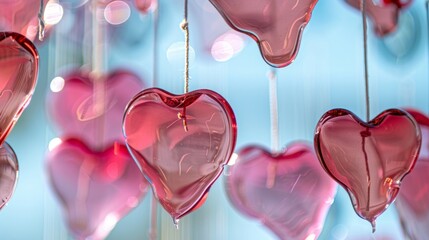 A group of pink hearts suspended by strings, creating a cascading display of love and affection