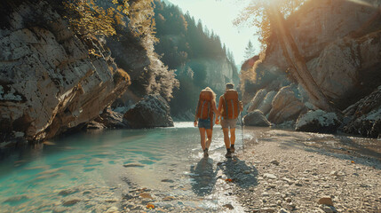 a couple of hikers walking along a mountain river