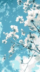 A tree with white flowers stands against a blue sky background in a spring scene