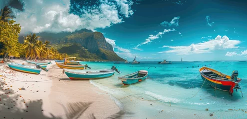 Store enrouleur sans perçage Le Morne, Maurice The beautiful beach of Le Morne in Mauritius, vibrant colors, colorful boats and yachts on the white sand, green palm trees, blue sky with clouds, mountain view from the shore