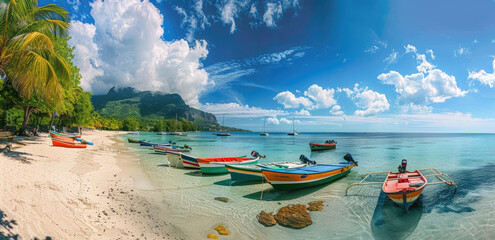 The beautiful beach of Le Morne in Mauritius, vibrant colors, colorful boats and yachts on the white sand, green palm trees, blue sky with clouds, mountain view from the shore - obrazy, fototapety, plakaty