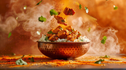 Delightful chicken tikka masala mid-air with steam & spices indicating the freshness and heat of the traditional Indian cuisine served on rice - obrazy, fototapety, plakaty