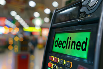 Bank card payment terminal screen displaying the word Declined indicating a transaction failure for customer. Blurred retail store environment background.