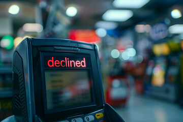 Bank card payment terminal screen displaying the word Declined indicating a transaction failure for customer. Blurred retail store environment background.