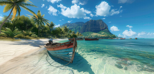 The beautiful beach of Le Morne in Mauritius, vibrant colors, colorful boats and yachts on the...