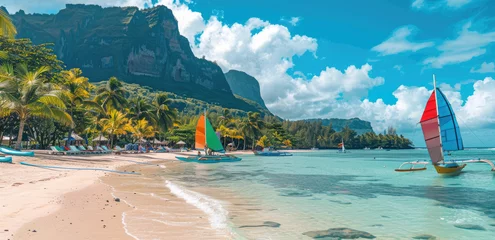 Poster Le Morne, Maurice The beautiful beach of Le Morne in Mauritius, vibrant colors, colorful boats and yachts on the white sand, green palm trees, blue sky with clouds, mountain view from the shore