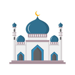 Vector cartoon flat islamic mosque. Ramadan muslim icon isolated on white background. Arabian mosque building with minarets. Eid Al-Fitr illustration.