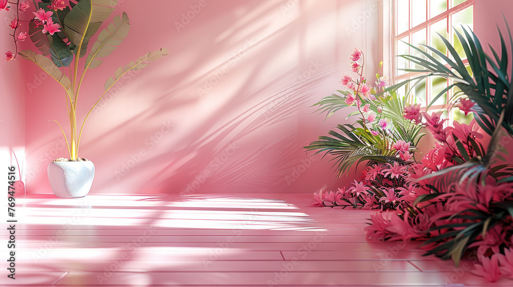 Poster Background for product presentation with abstract pink color gradient. Empty room with shadows of window and flowers and palm leaves. Generative AI.