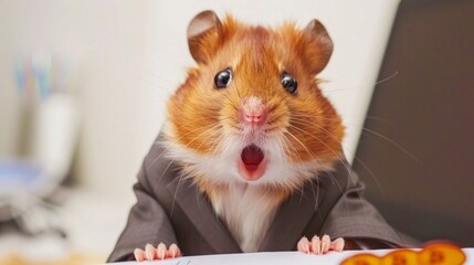 A brown and white hamster wearing a suit is caught mid-yawn in this shot - obrazy, fototapety, plakaty