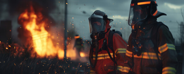 Two firefighters in full protective gear standing in front of a blazing fire, ready to tackle the flames with determination - obrazy, fototapety, plakaty