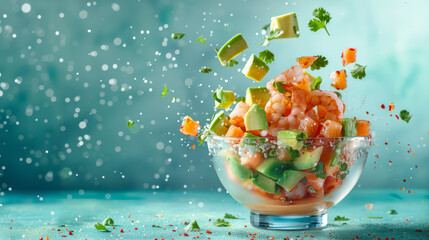 A visually tantalizing shrimp ceviche with vibrant flying ingredients suggesting the freshness and zest of the delicious seafood dish - obrazy, fototapety, plakaty