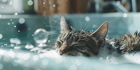 A cat looking unamused while laying down in water with soap suds - obrazy, fototapety, plakaty
