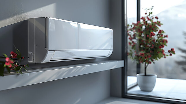 Long and thin air conditioner split unit, minimalist style design. Generative AI.