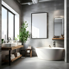 bathroom interior in loft, industrial style, frame mockup, 3d render, generative ai