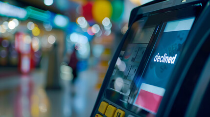 Bank card payment terminal screen displaying the word Declined indicating a transaction failure for customer. Blurred retail store environment background. - obrazy, fototapety, plakaty