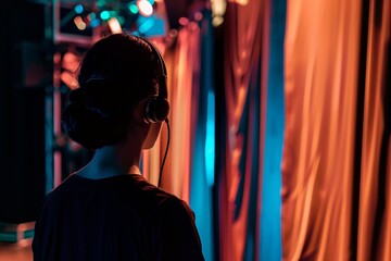 person with headset coordinating curtain movement backstage